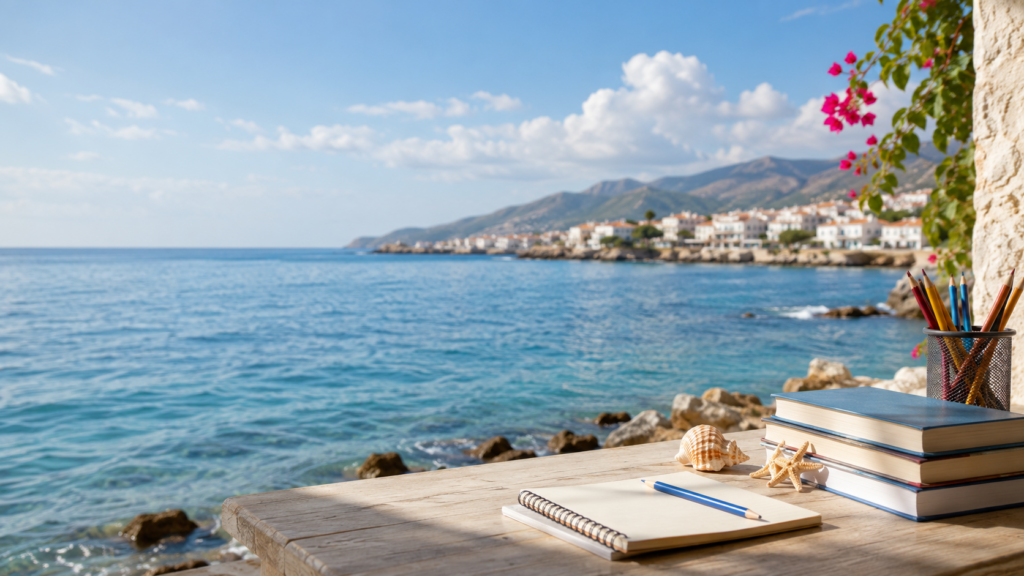 Ρεαλιστική καλοκαιρινή εικόνα με βιβλία, τετράδιο και μολύβια σε ξύλινο τραπέζι δίπλα στη θάλασσα, με παραθαλάσσιο χωριό και βουνά στο βάθος.
